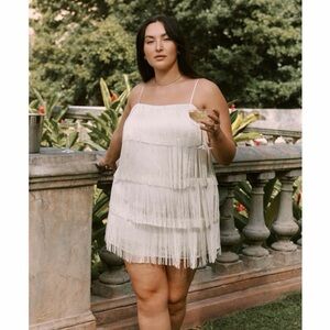 White Fringe Mini Dress with Spaghetti Straps